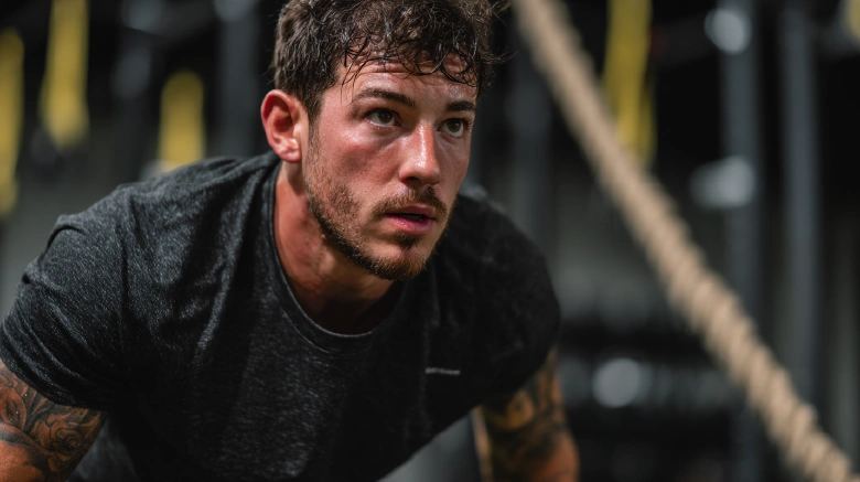 Caucasian athlete doing calisthenics training in the gym