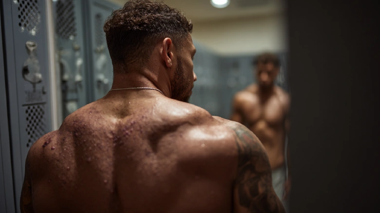 Bodybuilder in locker room looking over shoulder at back acne in mirror