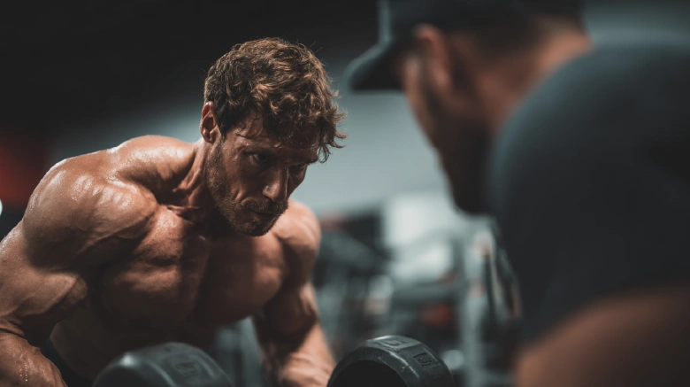 Caucasian Lean Bodybuilder performing controlled rehab-style dumbbell work