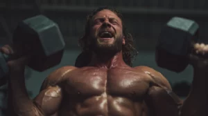 Caucasian Bodybuilder performing controlled dumbbell press