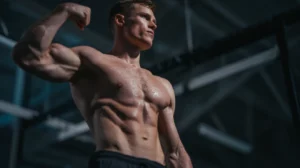 Caucasian Lean Athlete muscle flex in the gym