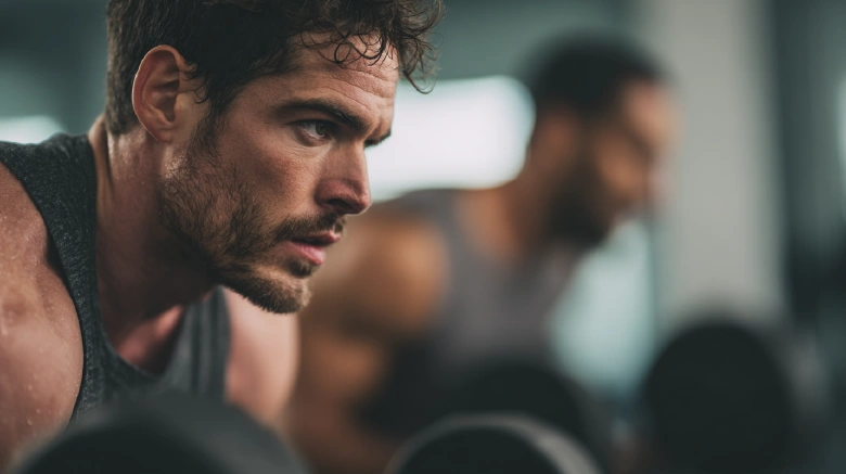 Caucasian male Lean Athletes in the gym doing dumbell stretching