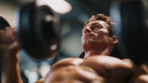 Caucasian male Lean Athletes in the gym doing dumbell stretching