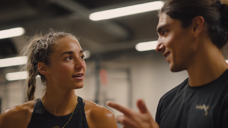 Two athletes talking post-workout