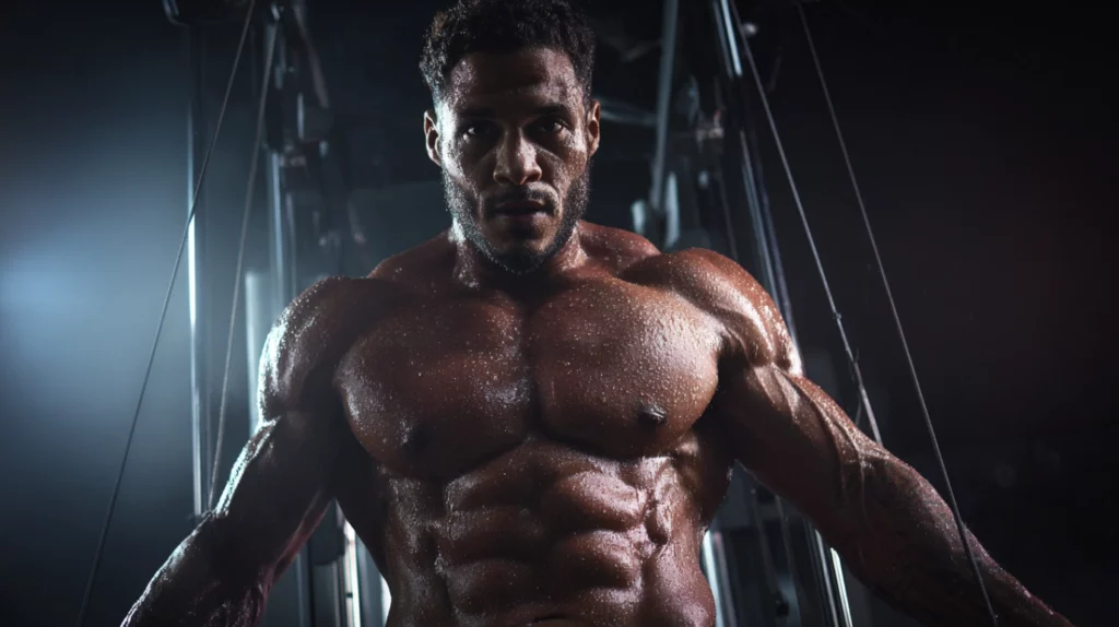 Bearded canadian using pulley machine