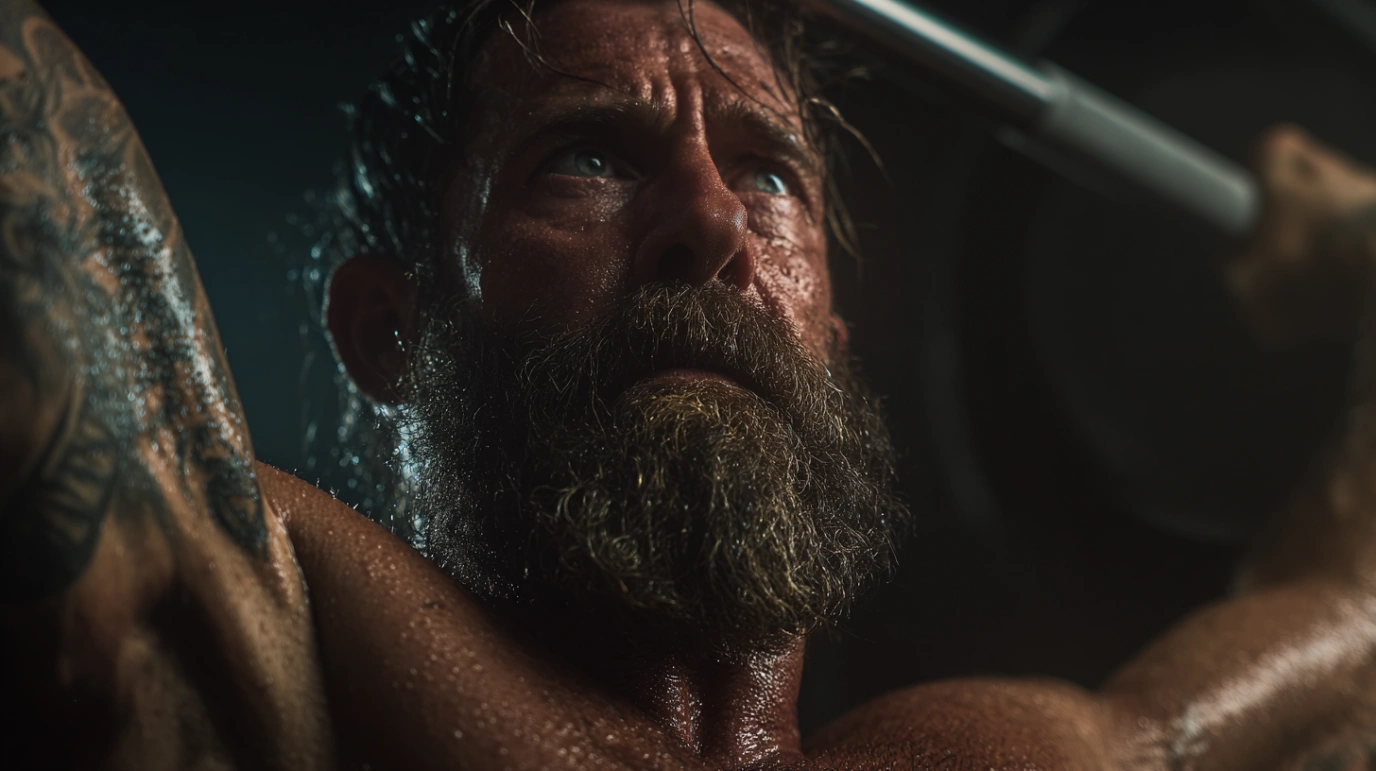 Bearded man weight lifting