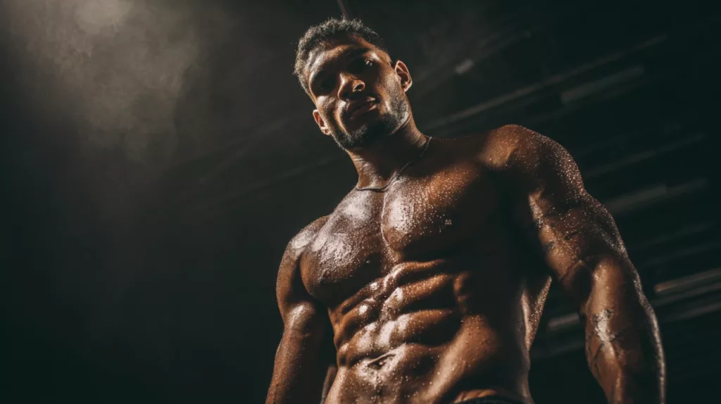 Canadian bodybuilder with necklace flexing