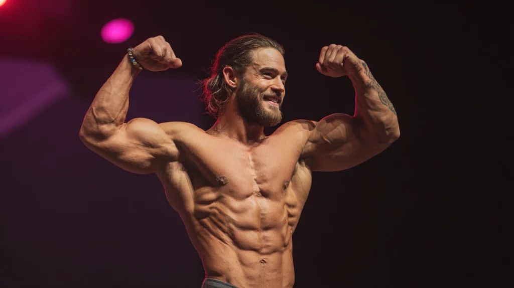 Long hair muscular man flexing