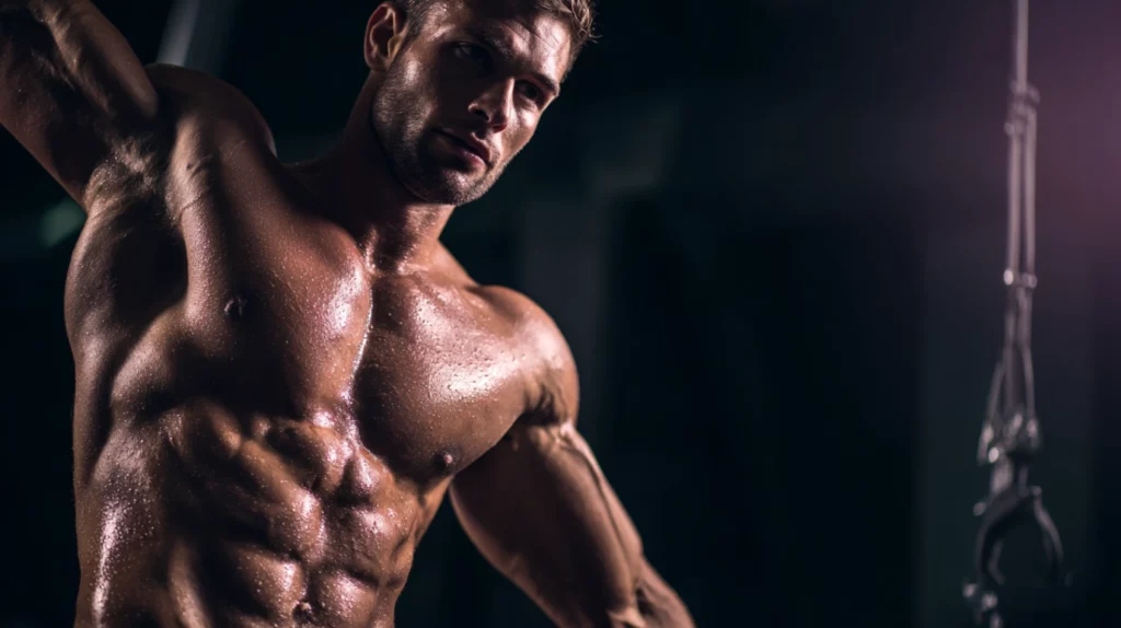 Young bodybuilder using pulley machine