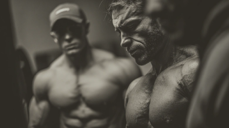 Caucasian Two competitive bodybuilders backstage