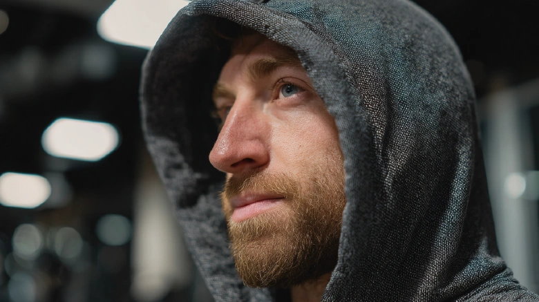 Caucasian athlete in offseason hoodie