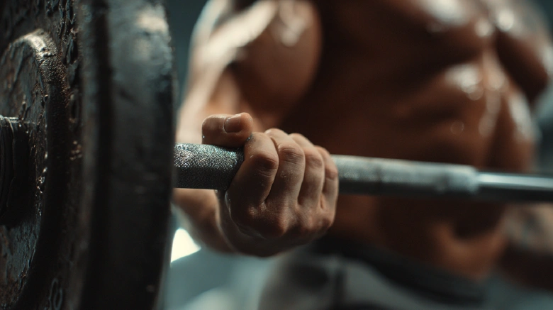 Caucasian bodybuilder adding plates to barbell