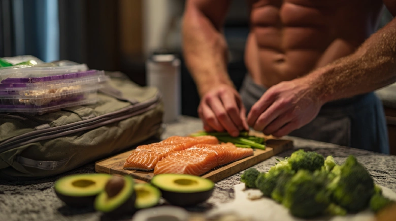Caucasian Athlete meal-prepping