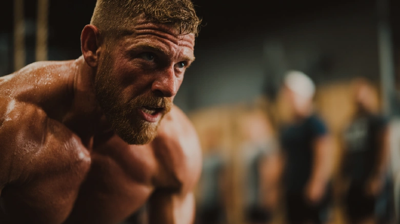 Lean Caucasian Athlete doing intense training in the gym