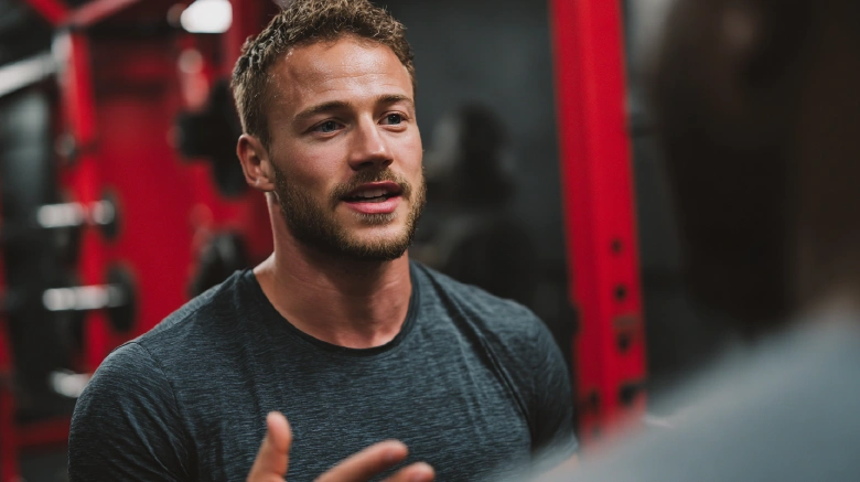 Lean Caucasian Athlete talking in the gym