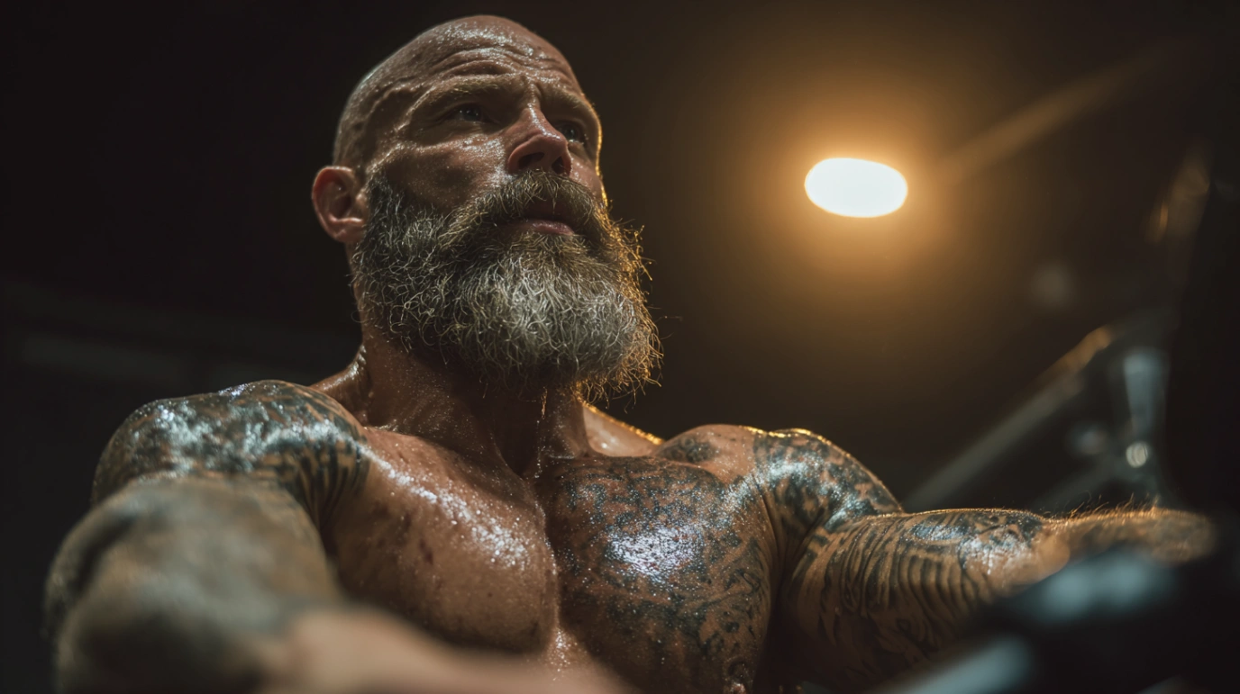 Old bearded man doing row machine