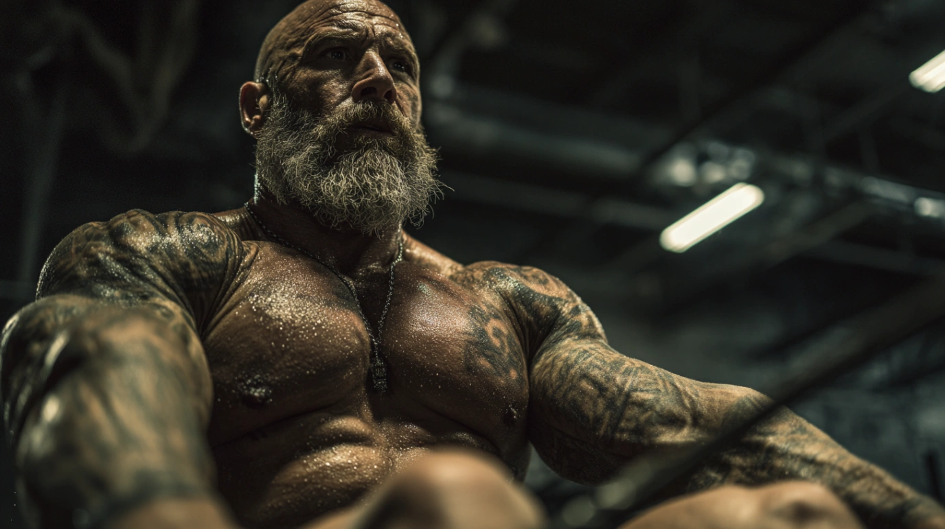 Old tattooed man doing row machine