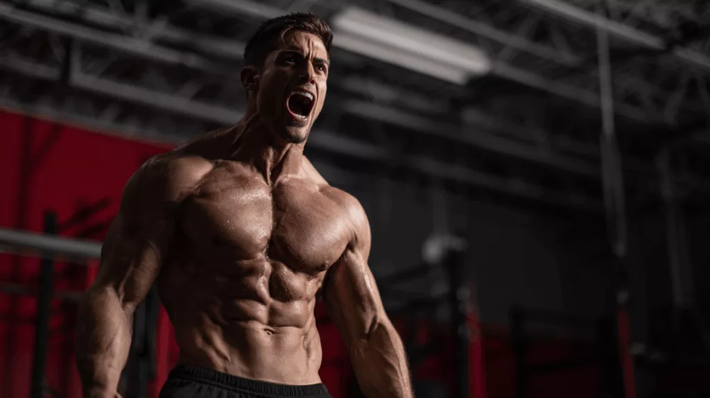 Bodybuilder shouting in intensity