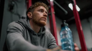 Caucasian Athlete reviewing beside water bottle in the gym