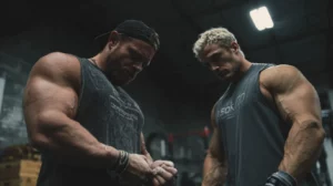 Two Caucasian lean bodybuilders in a gritty gym
