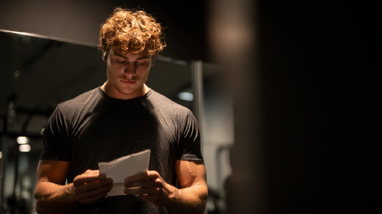 Caucasian Athlete checking mirror definition post-workout
