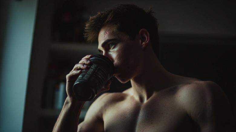 Caucasian athelete drinking pre-workout