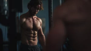 Lean Caucasian athelete flexing muscle