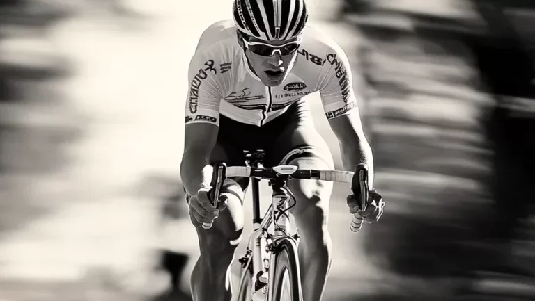 A male athlete cyclist races through the final
