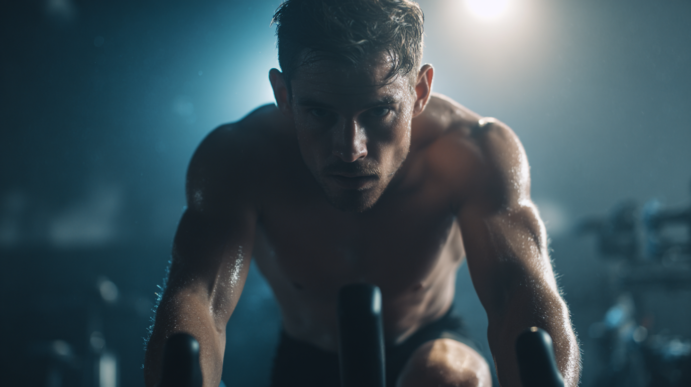 Bodybuilder intense cyclist