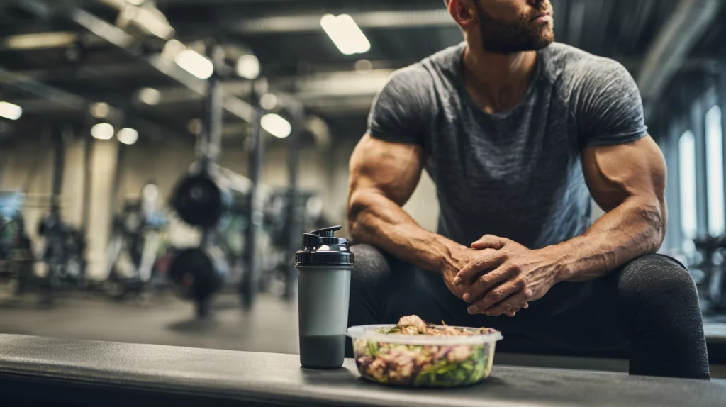 Bodybuilder showing his healthy salad meal