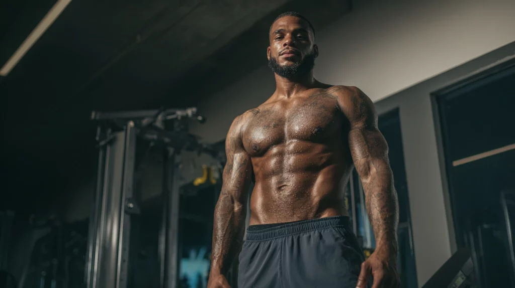 Man with beard sweating after reps