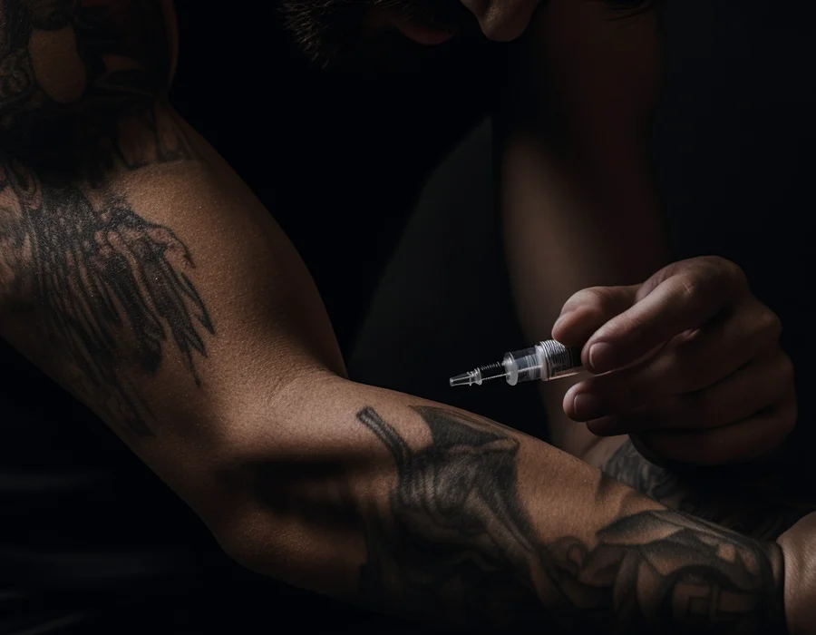 A man administering injection on himself.
