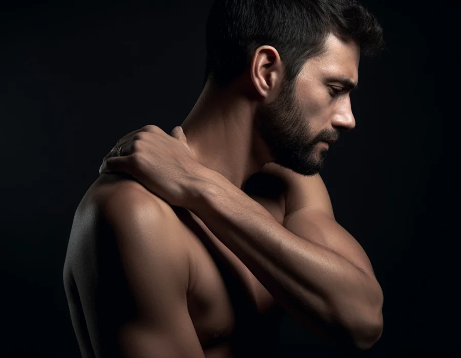 A man touching his right shoulder because of joint pain.