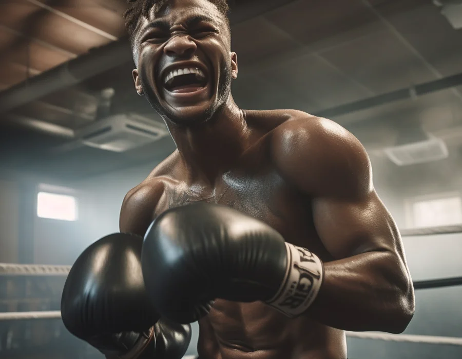 A man in a boxing ring, arms raised, poised and ready for action