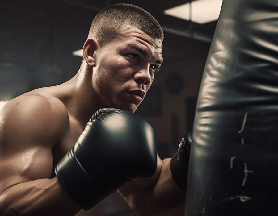 A boxer in a ring, hands lifted in preparation, showcasing determination and focus before the fight.