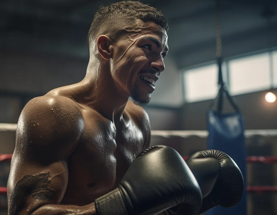 A man stands in a boxing ring, hands raised in a defensive stance
