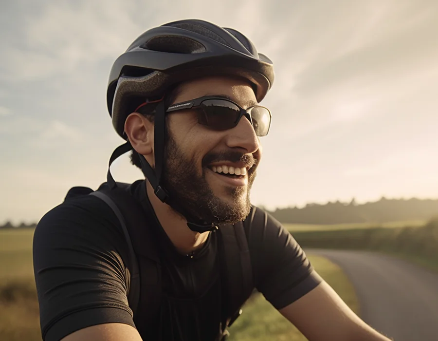 A cyclist wearing a helmet and sunglasses navigates the road on his bike.