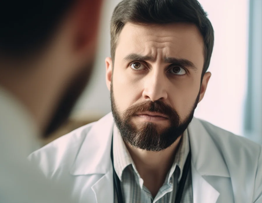 A doctor in a white coat gazes thoughtfully talks with his patient.