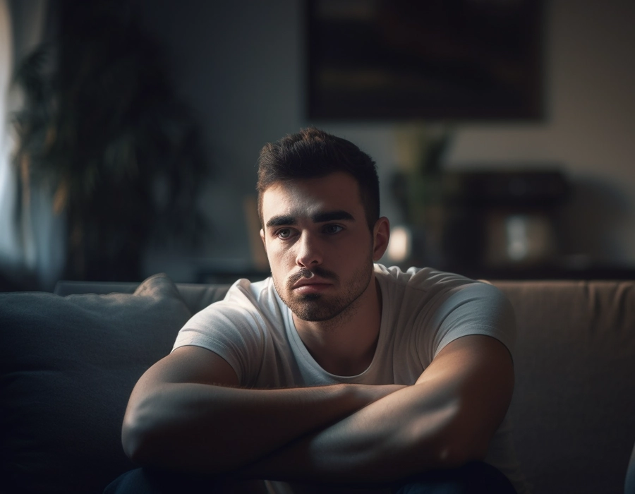 a young man looking depressed in his living room