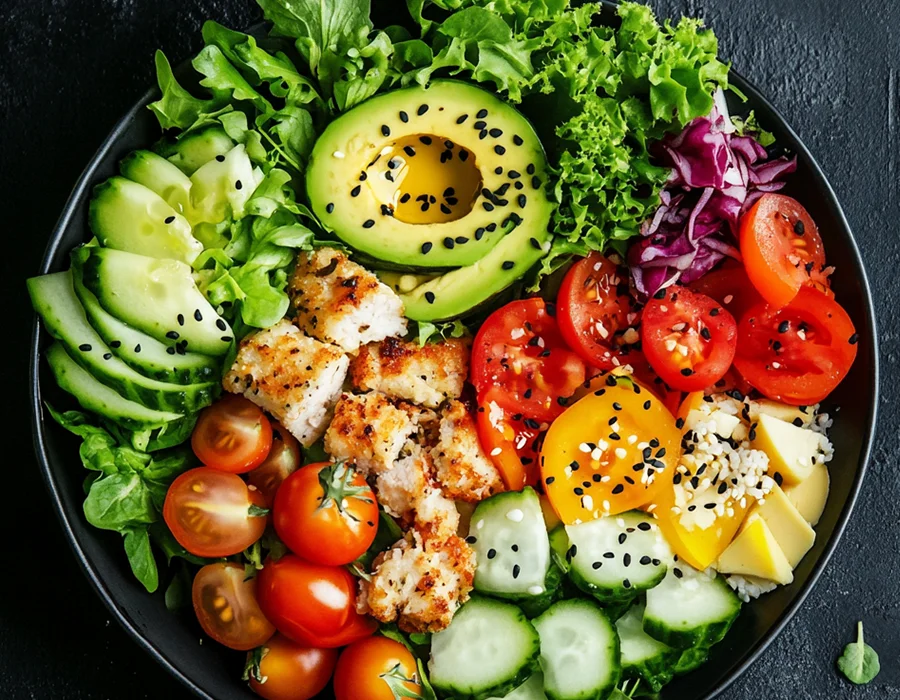 A healthy meal for workouts made of protein, veggies and fruits.