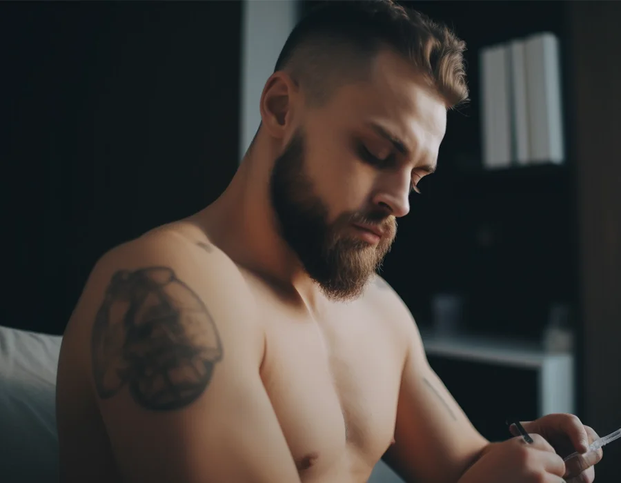 A man administering injection to himself.