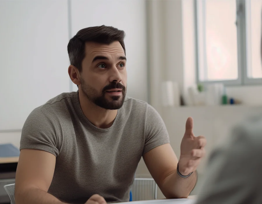 A man consults with a doctor in an office setting, discussing health concerns and treatment options.