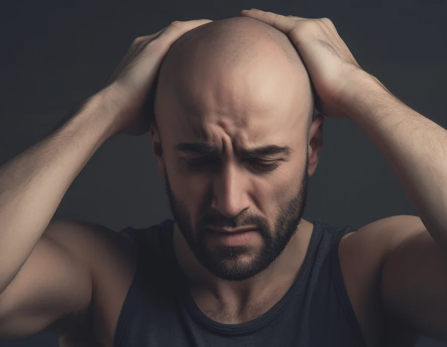 A man frustrated at his balding head.