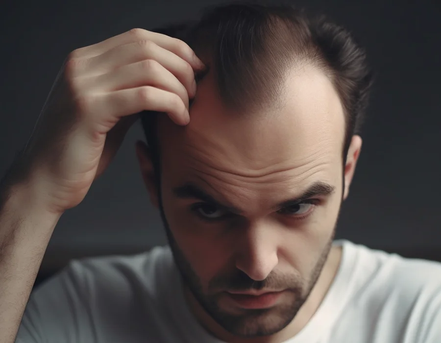 A man dealing with hairloss staring at himself in the mirror, touching his hairline.