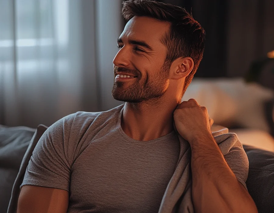 A man smiles while seated on a couch, embodying joy in his joint recovery process.