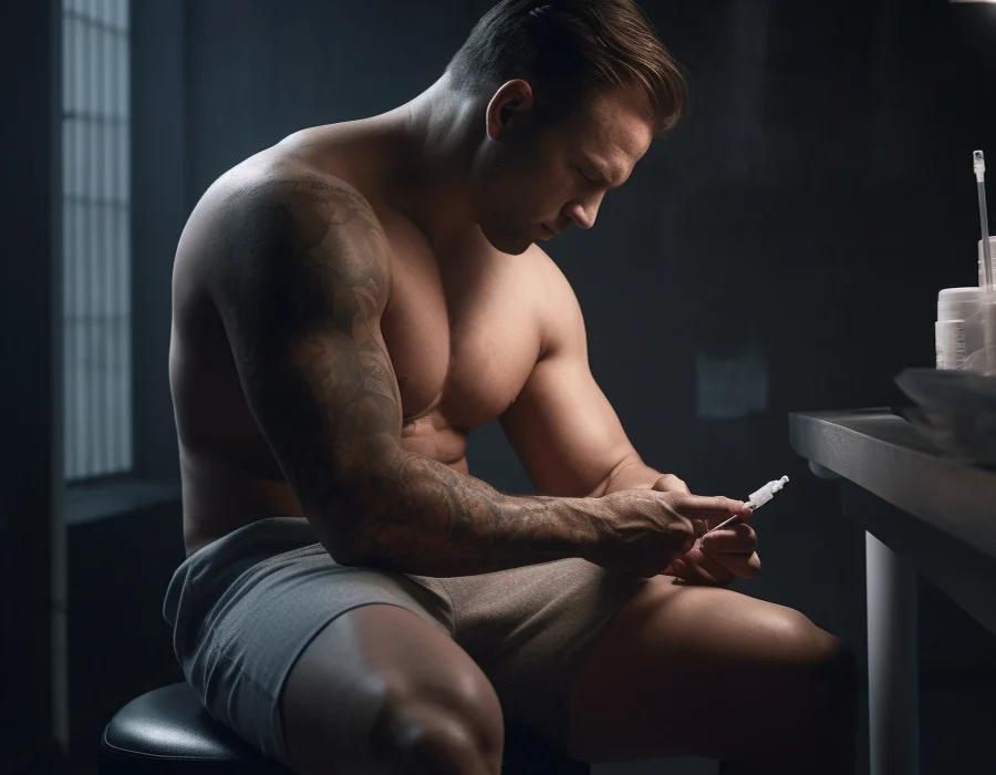 A shirtless man sitting on a stool, administering an injection to himself.