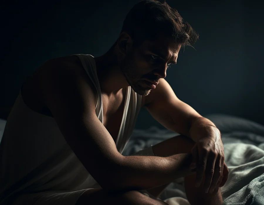 A man in bed at night grapples with insomnia and fluctuating emotions.