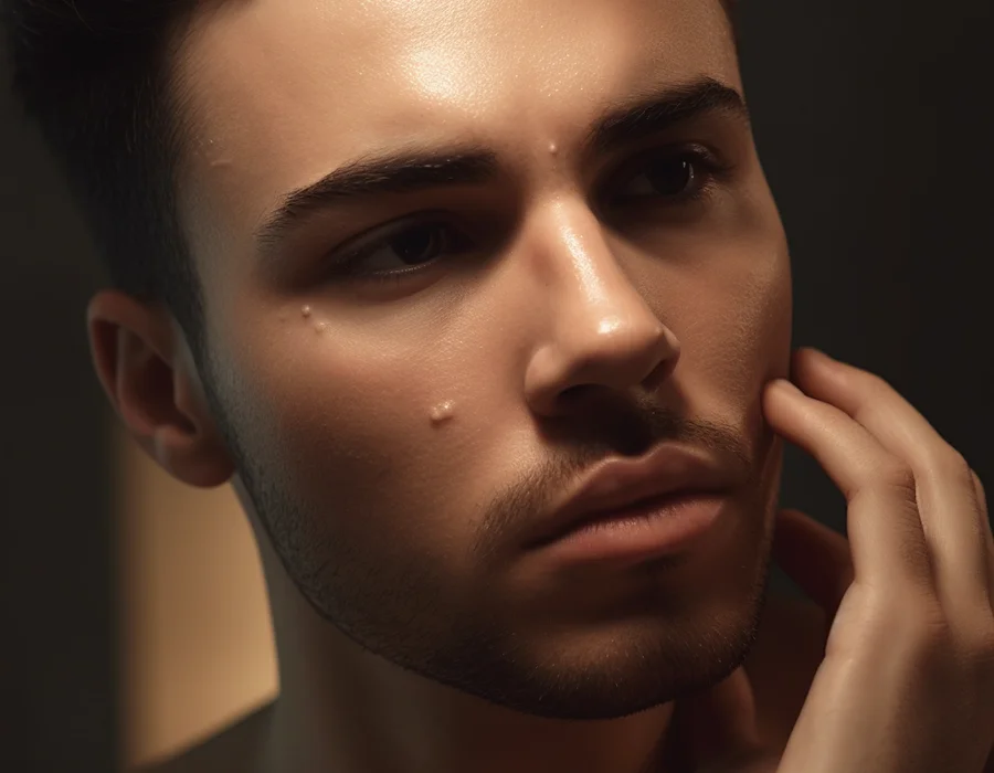 A sad man with a noticeable pimple on his face, reflecting his discomfort and concern about his appearance.