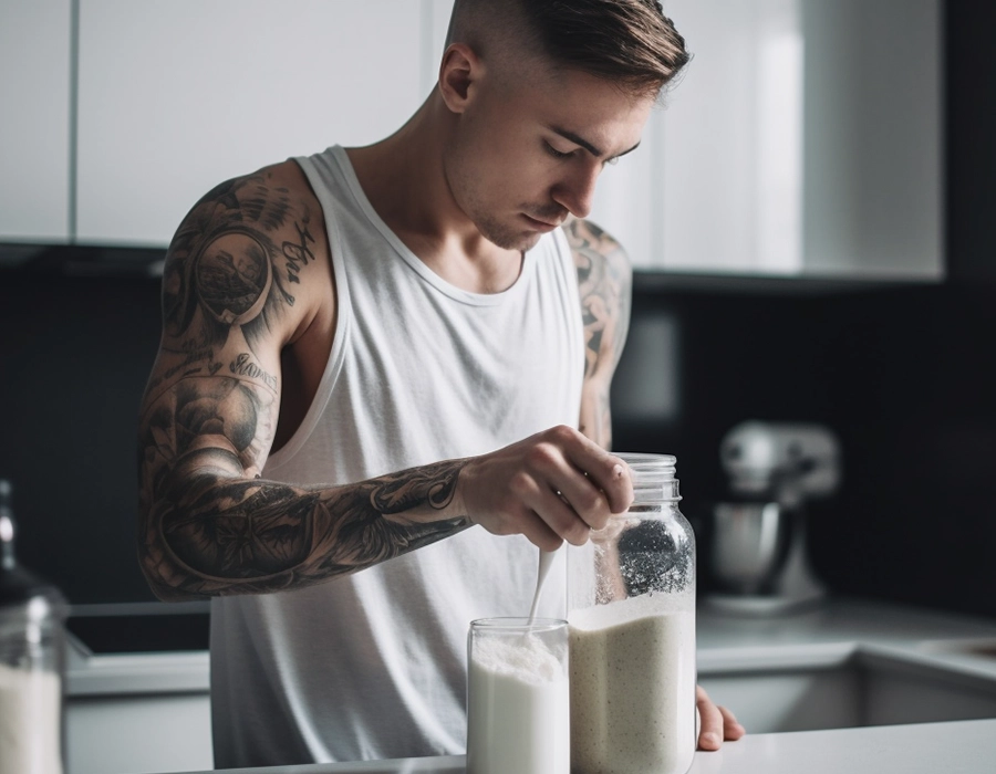 man making protein shake
