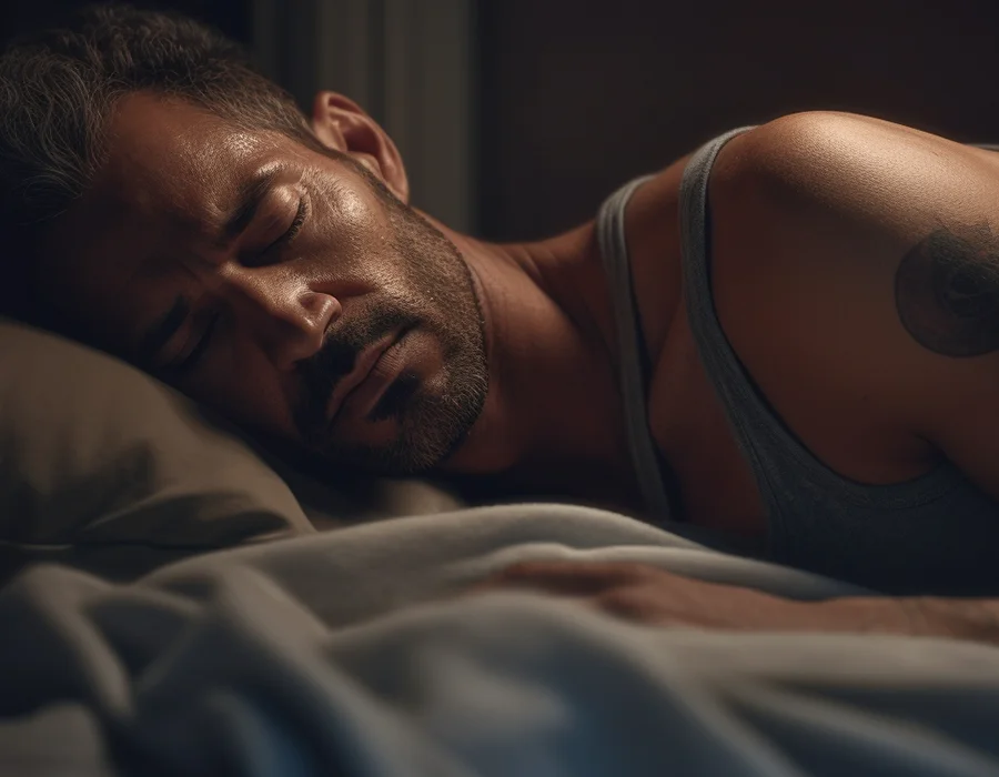 A fit man lies in bed, eyes closed